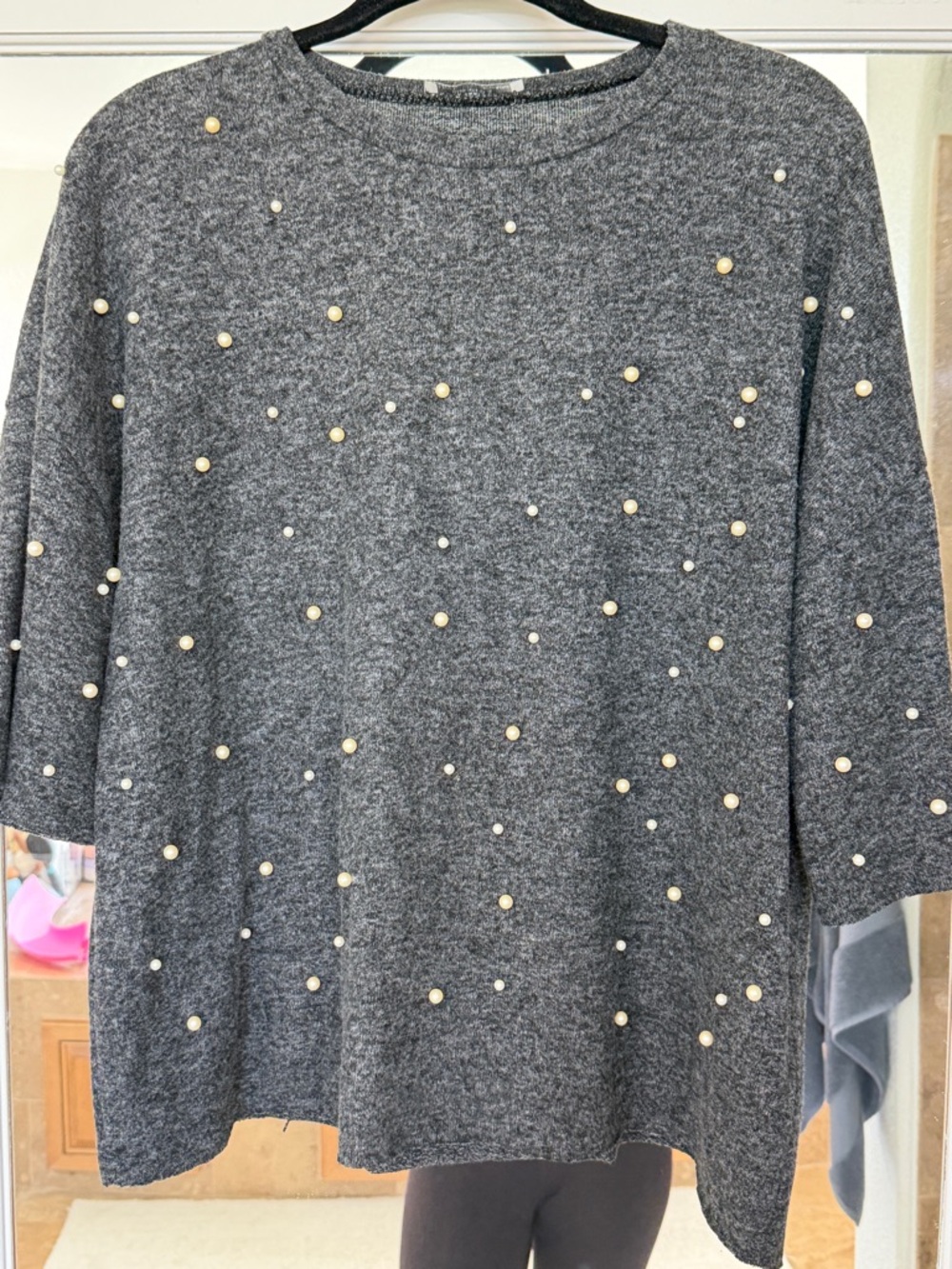 Zara Charcoal Knit Sweater with Pearl Accent